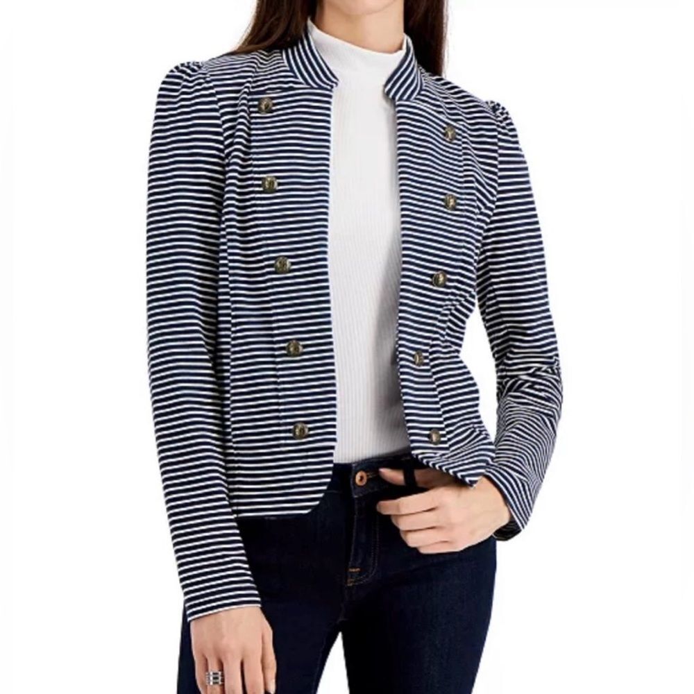 Tommy Hilfiger Stripe Puff Sleeve Jacket Large With Pockets Navy - Picture 2 of 13